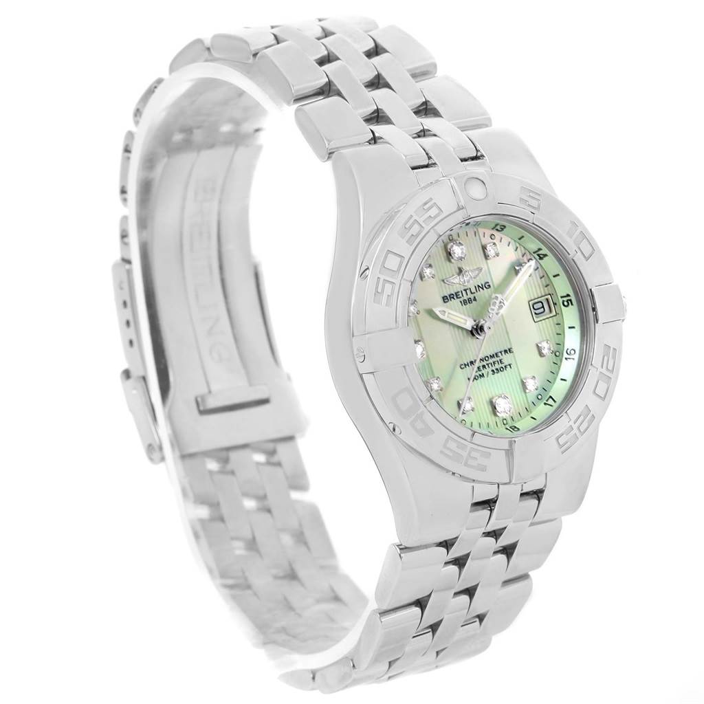 The image shows a side angle view of the Breitling A71340 Women's Stainless Steel Mother of Pearl Dial A71340 Women's Stainless Steel Mother of Pearl Dial Starliner Green Mother of Pearl Diamond Ladies Watch A71340, highlighting its face and bracelet.