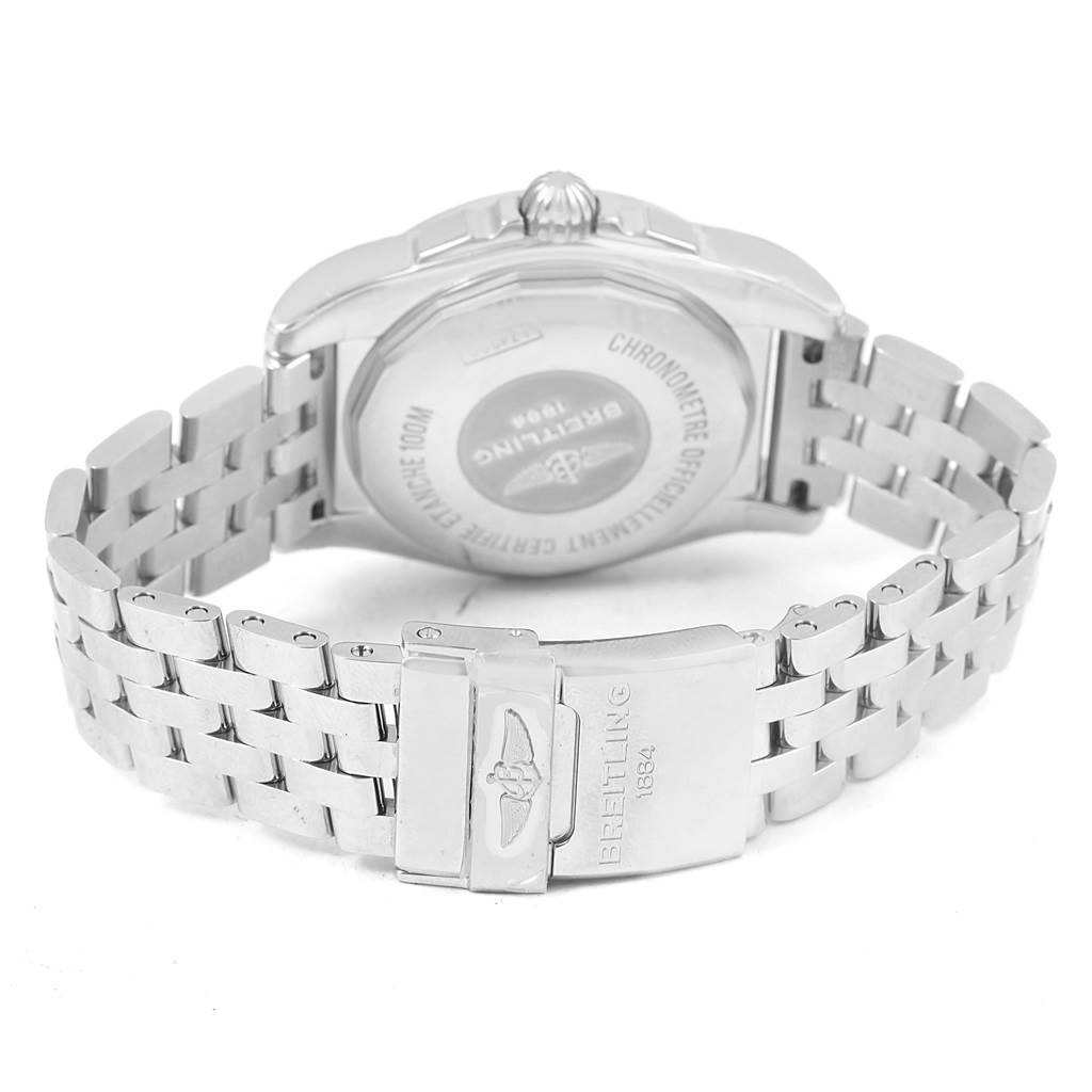 The image shows the back and bracelet clasp of the Breitling W7433012-A780-376A Women
s Stainless Steel Black Dial W7433012-A780-376A Women
s Stainless Steel Black Dial Galactic 36 Black Dial Diamond W74330 Ladies Watch at a rear angle.