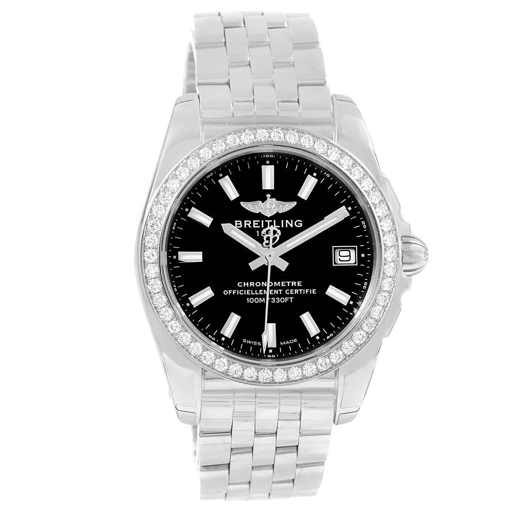 This image shows a front view of the Breitling W7433012-A780-376A Women
s Stainless Steel Black Dial W7433012-A780-376A Women
s Stainless Steel Black Dial Galactic 36 Black Dial Diamond Ladies Watch W74330.