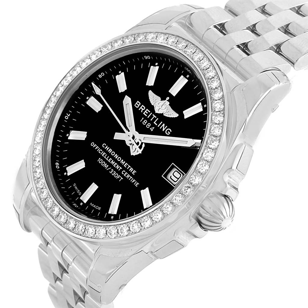 The image shows a Breitling W7433012-A780-376A Women
s Stainless Steel Black Dial W7433012-A780-376A Women
s Stainless Steel Black Dial Galactic 36 Black Dial Diamond Ladies Watch W74330, focusing on the dial, bezel, crown, and part of the bracelet.