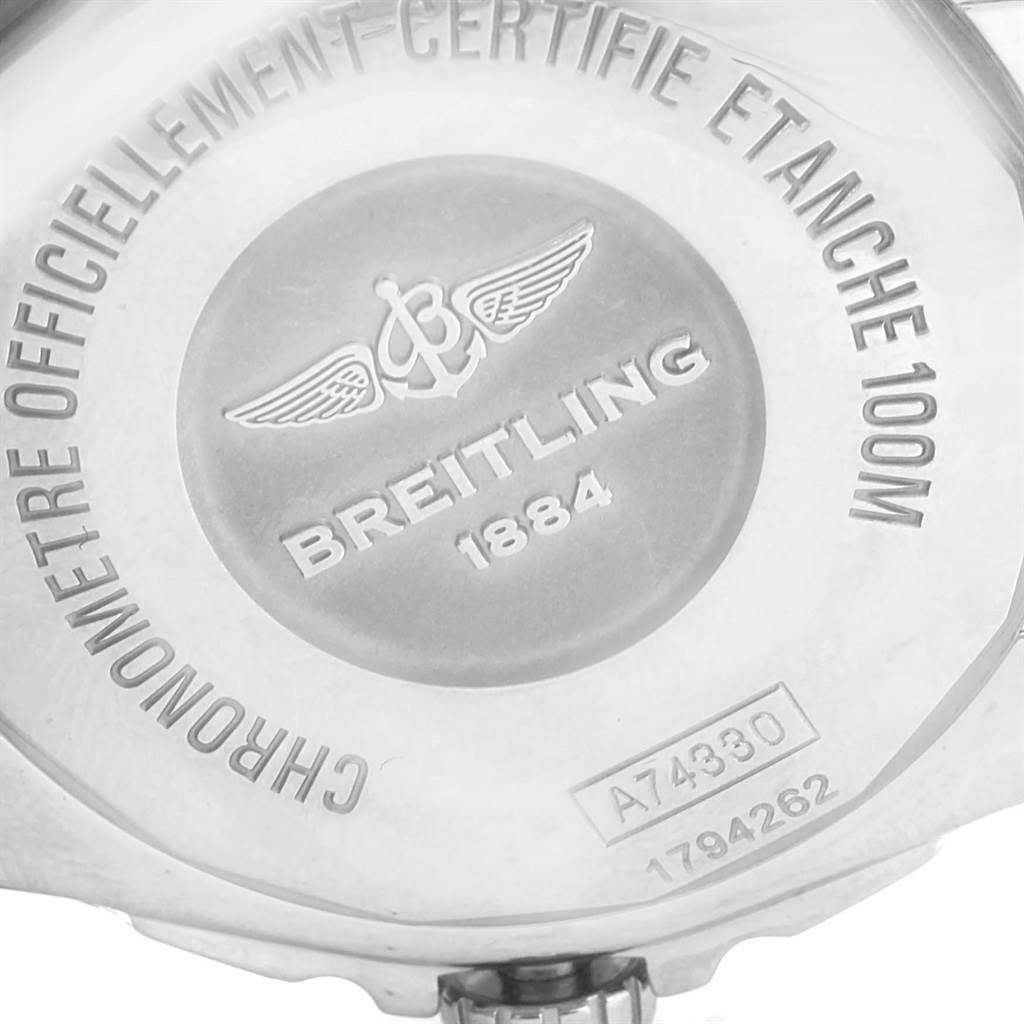 This image shows the back case of the Breitling W7433012-A780-376A Women
s Stainless Steel Black Dial W7433012-A780-376A Women
s Stainless Steel Black Dial Galactic 36 Black Dial Diamond Ladies Watch W74330 Unworn model.