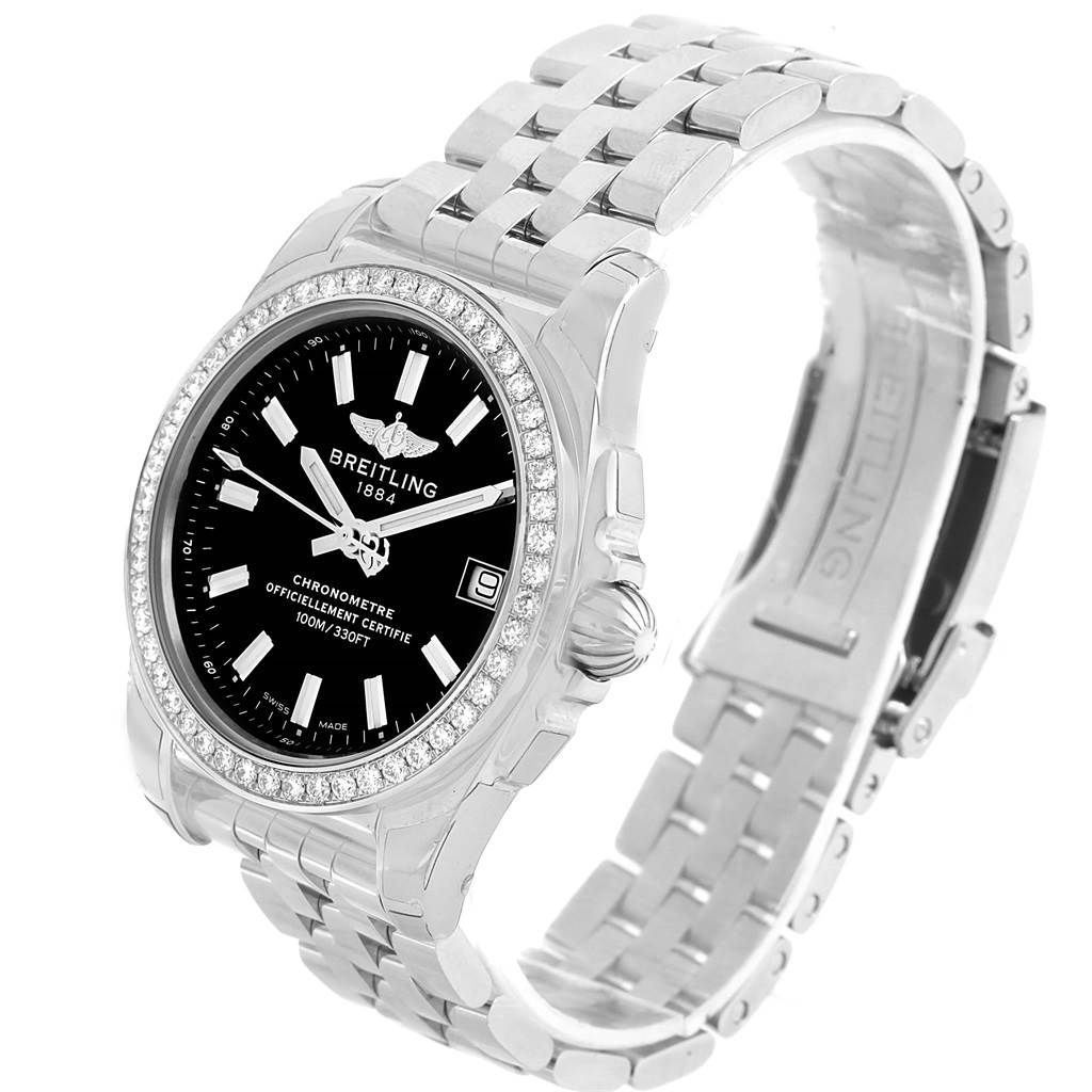 The image shows a front angled view of the Breitling W7433012-A780-376A Women
s Stainless Steel Black Dial W7433012-A780-376A Women
s Stainless Steel Black Dial Galactic 36 Black Dial Diamond Ladies Watch W74330, displaying its dial, bezel, and bracelet.