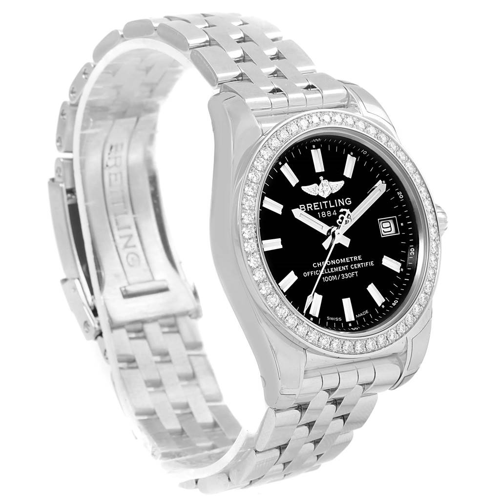 The image shows a front angled view of the Breitling W7433012-A780-376A Women
s Stainless Steel Black Dial W7433012-A780-376A Women
s Stainless Steel Black Dial Galactic 36 Black Dial Diamond Ladies Watch W74330, highlighting the dial, bezel, and bracelet.