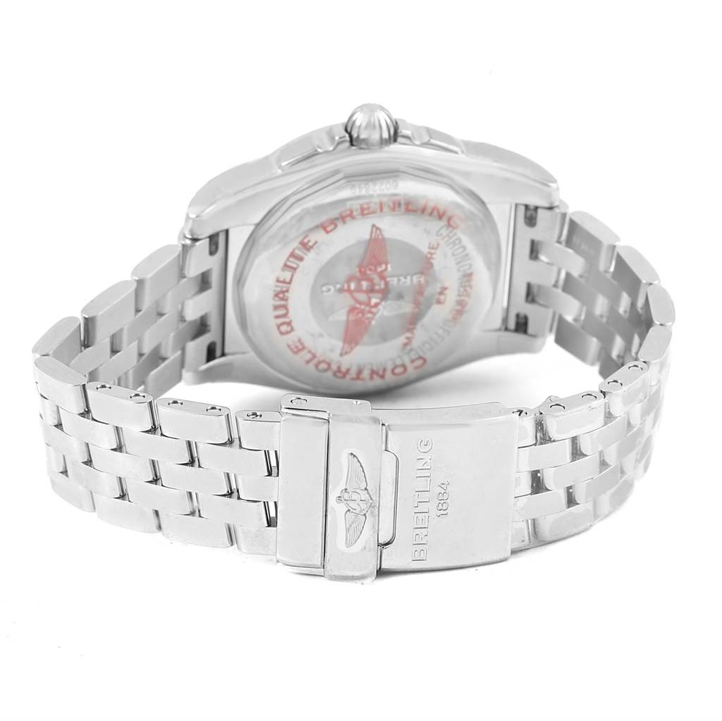 The image shows the back view of the Breitling A7433053/A779/376A Women's Stainless Steel Mother of Pearl Dial A7433053/A779/376A Women's Stainless Steel Mother of Pearl Dial Galactic 36 MOP Dial Diamond Ladies Watch W74330, featuring the bracelet and clasp.