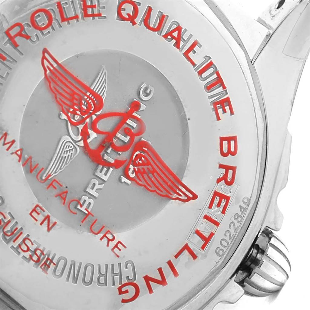 The image shows the back casing and crown of the Breitling A7433053/A779/376A Women's Stainless Steel Mother of Pearl Dial A7433053/A779/376A Women's Stainless Steel Mother of Pearl Dial Galactic 36 MOP Dial Diamond Ladies Watch W74330 Unworn model.