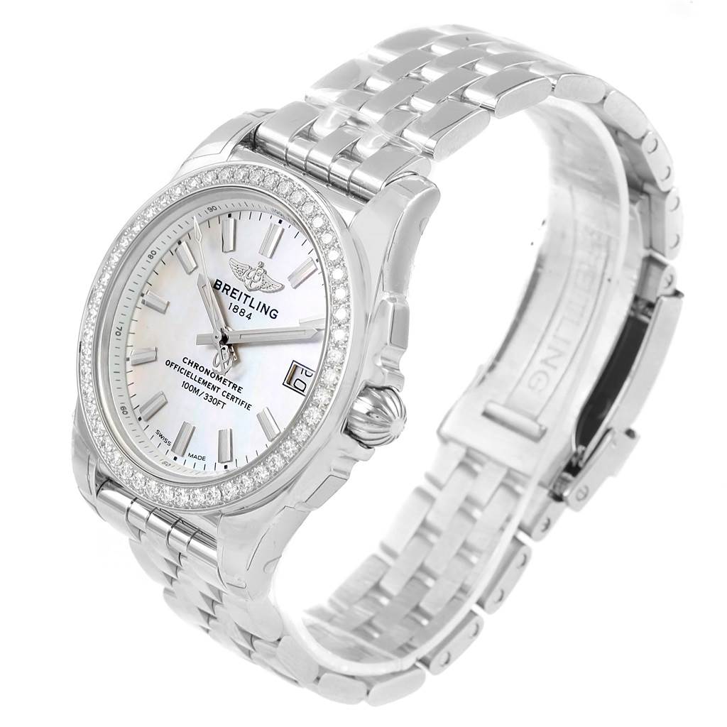 This image shows a Breitling A7433053/A779/376A Women's Stainless Steel Mother of Pearl Dial A7433053/A779/376A Women's Stainless Steel Mother of Pearl Dial Galactic 36 MOP Dial Diamond Ladies Watch model W74330 from a front-left angle, highlighting the bracelet and bezel.