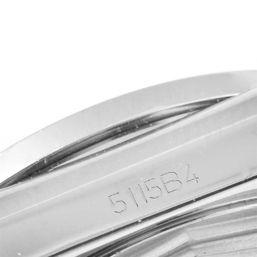 The image shows a close-up angle focusing on the side of the case and the engraved serial number of the Breitling A7433053/A779/376A Women's Stainless Steel Mother of Pearl Dial A7433053/A779/376A Women's Stainless Steel Mother of Pearl Dial Galactic 36 MOP Dial Diamond Ladies Watch model W74330.