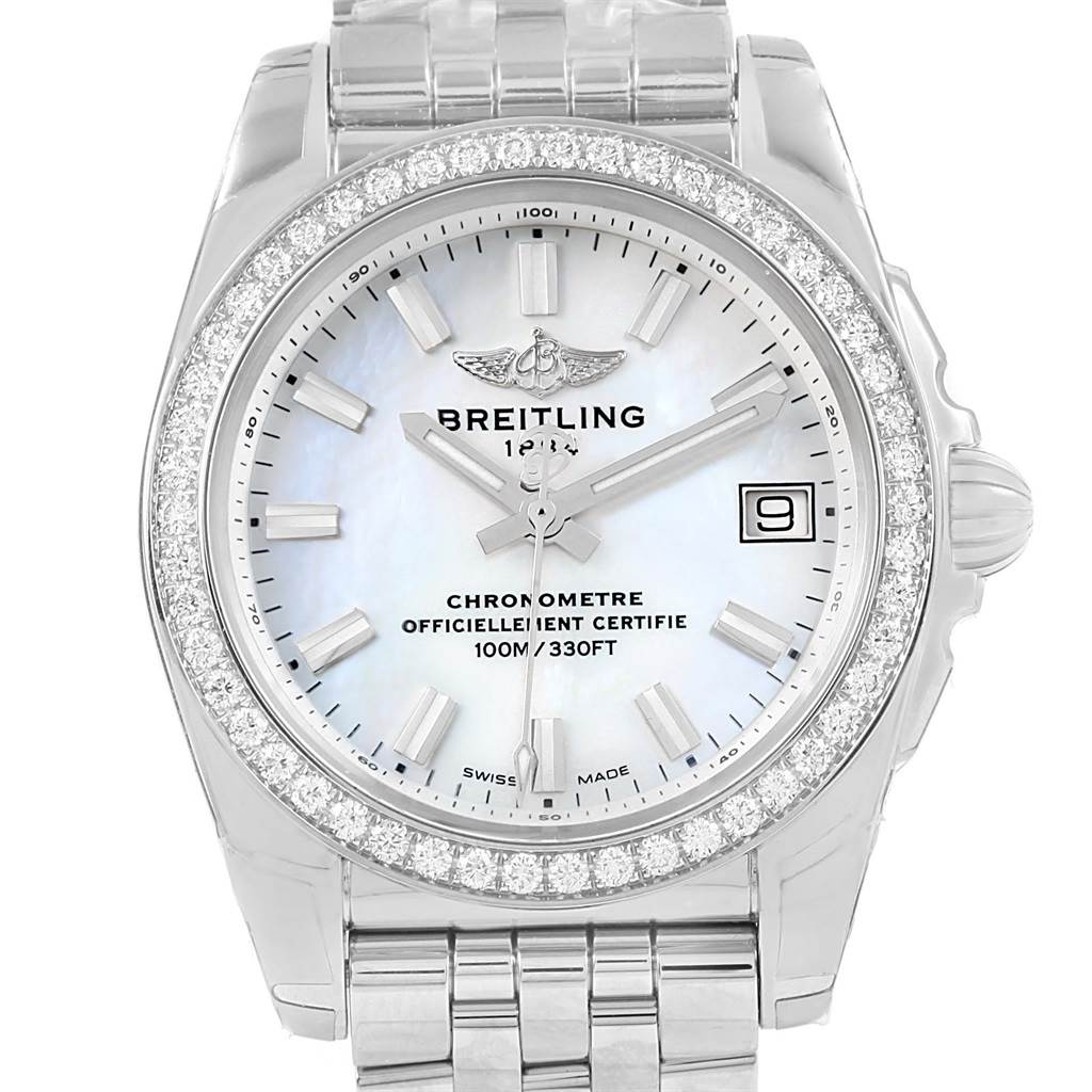 This image shows the face and part of the bracelet of the Breitling A7433053/A779/376A Women's Stainless Steel Mother of Pearl Dial A7433053/A779/376A Women's Stainless Steel Mother of Pearl Dial Galactic 36 MOP Dial Diamond Ladies Watch W74330.