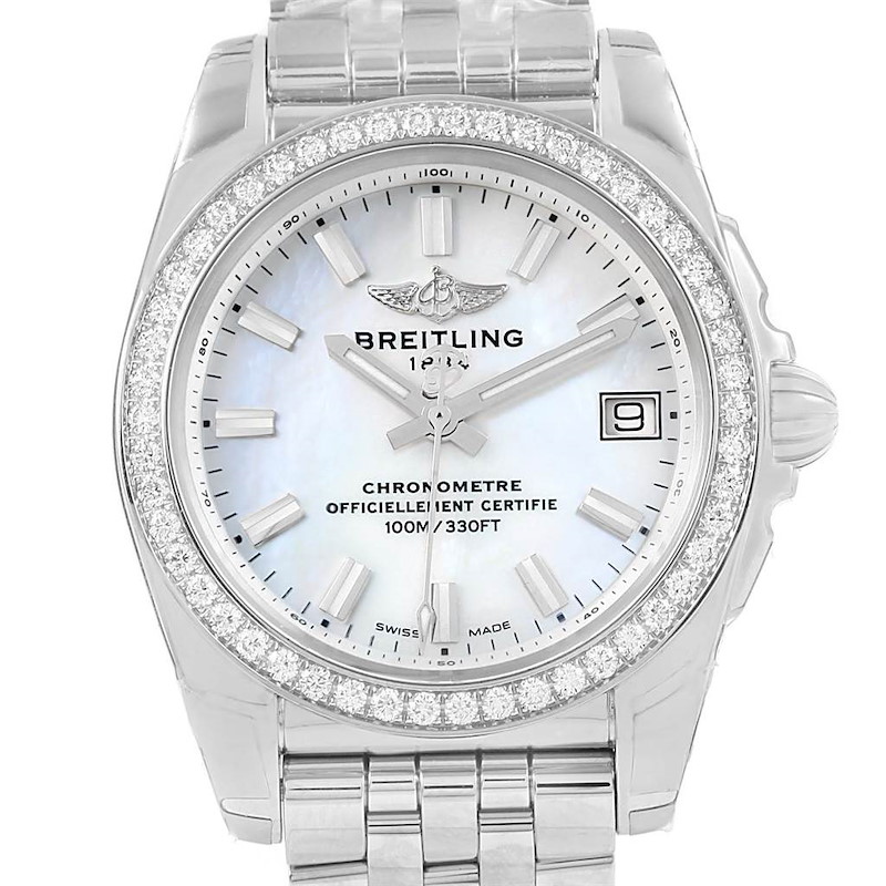 This image shows the face and part of the bracelet of the Breitling Galactic 36 MOP Dial Diamond Ladies Watch W74330.