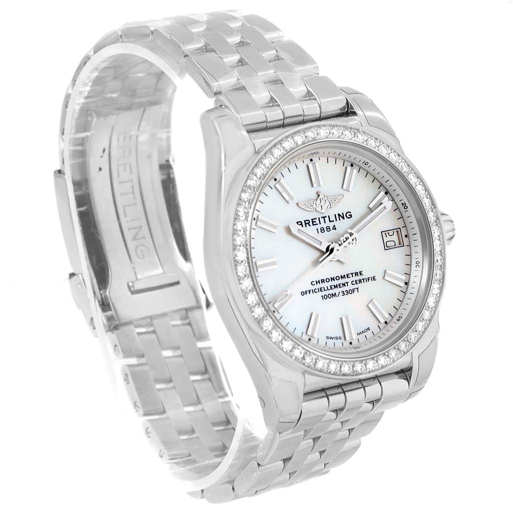The image shows a side angle of the Breitling A7433053/A779/376A Women's Stainless Steel Mother of Pearl Dial A7433053/A779/376A Women's Stainless Steel Mother of Pearl Dial Galactic 36 MOP Dial Diamond Ladies Watch model W74330, featuring its dial, bezel, and bracelet.