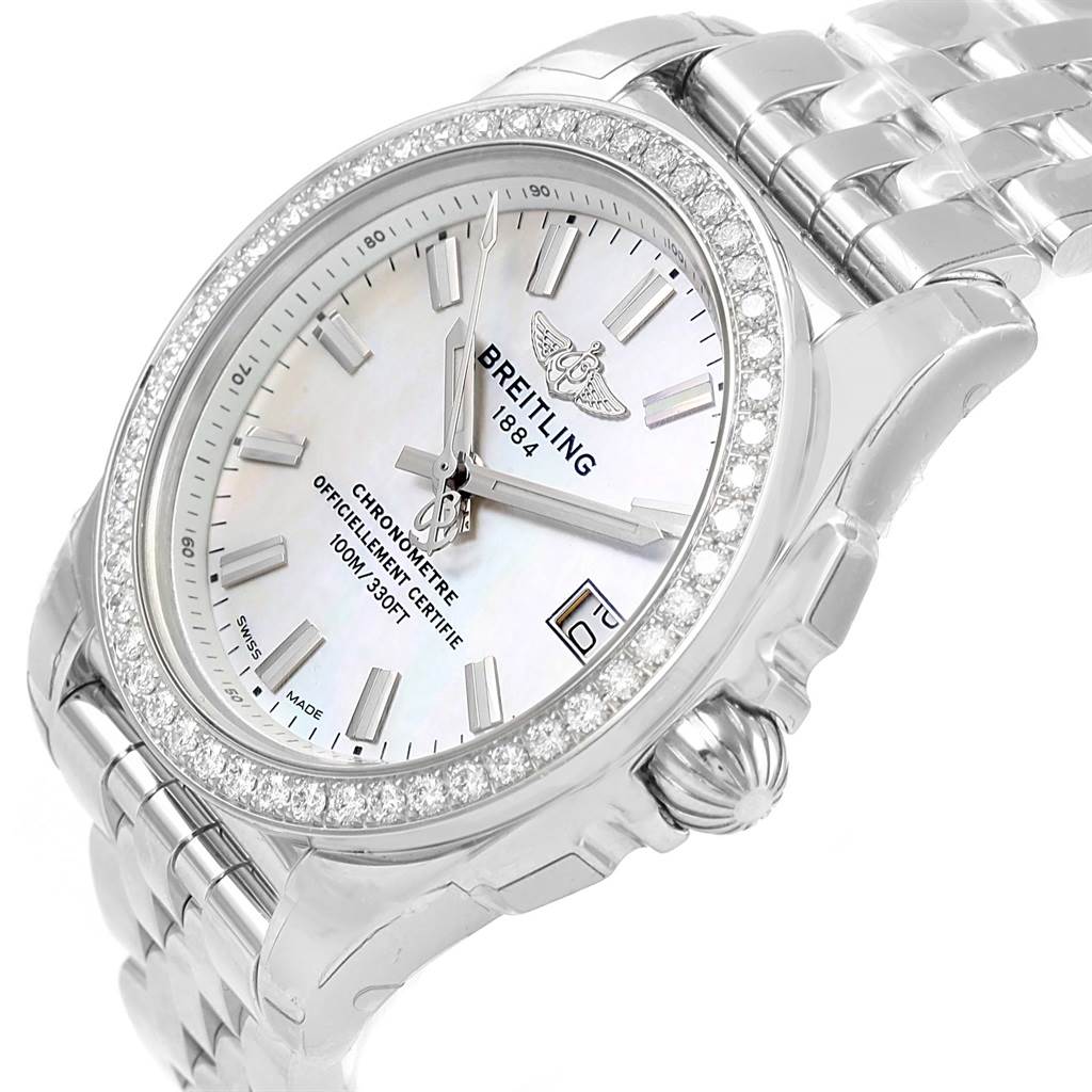 The image showcases a Breitling A7433053/A779/376A Women's Stainless Steel Mother of Pearl Dial A7433053/A779/376A Women's Stainless Steel Mother of Pearl Dial Galactic 36 MOP Dial Diamond Ladies Watch W74330 from a front angle, highlighting the face, dial, and bracelet.