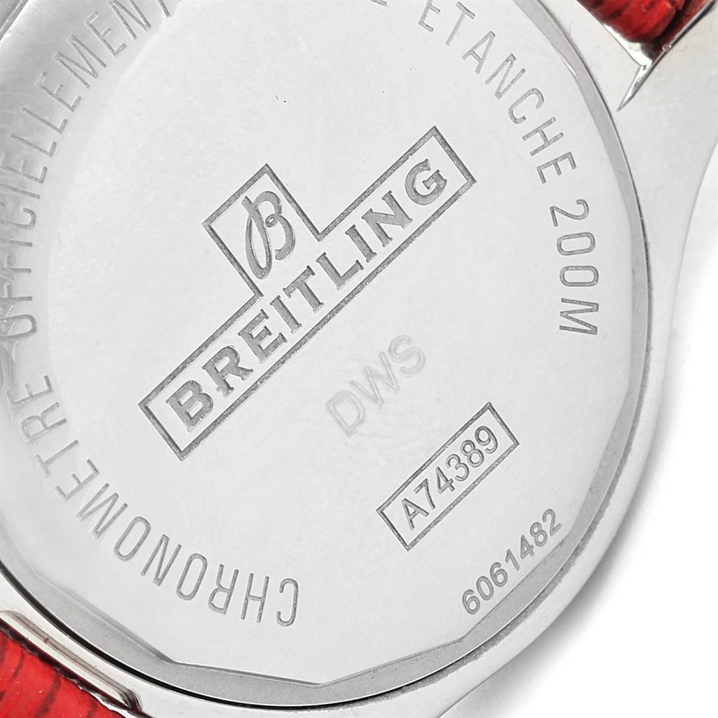 The image shows the back case of the Breitling A74389 Women's Stainless Steel Black Dial A74389 Women's Stainless Steel Black Dial Colt 36 Quartz Steel Men's Watch model A74389.