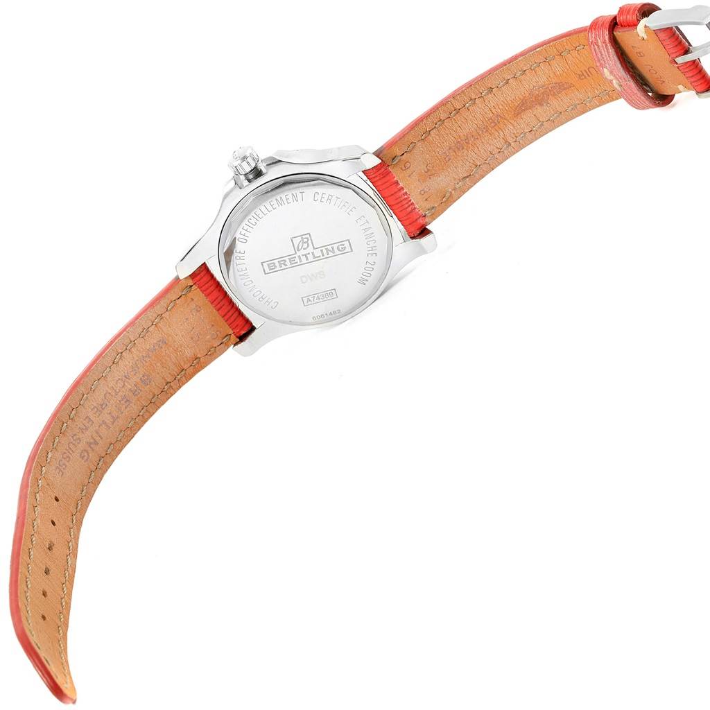 The image shows the back case and leather strap of the Breitling A74389 Women's Stainless Steel Black Dial A74389 Women's Stainless Steel Black Dial Colt 36 Quartz Steel Mens Watch A74389.