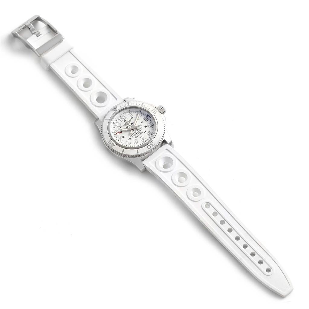 The image shows a top-down view of the Breitling A17312D2/A775/230S Women's Stainless Steel White Dial A17312D2/A775/230S Women's Stainless Steel White Dial Superocean II 36 White Rubber Strap Watch (model A17312), highlighting the watch face, bezel, and the full strap.