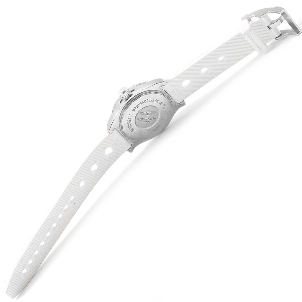 The image shows the back view of the Breitling A17312D2/A775/230S Women's Stainless Steel White Dial A17312D2/A775/230S Women's Stainless Steel White Dial Superocean II 36 White Rubber Strap Watch A17312, highlighting the case back and strap.