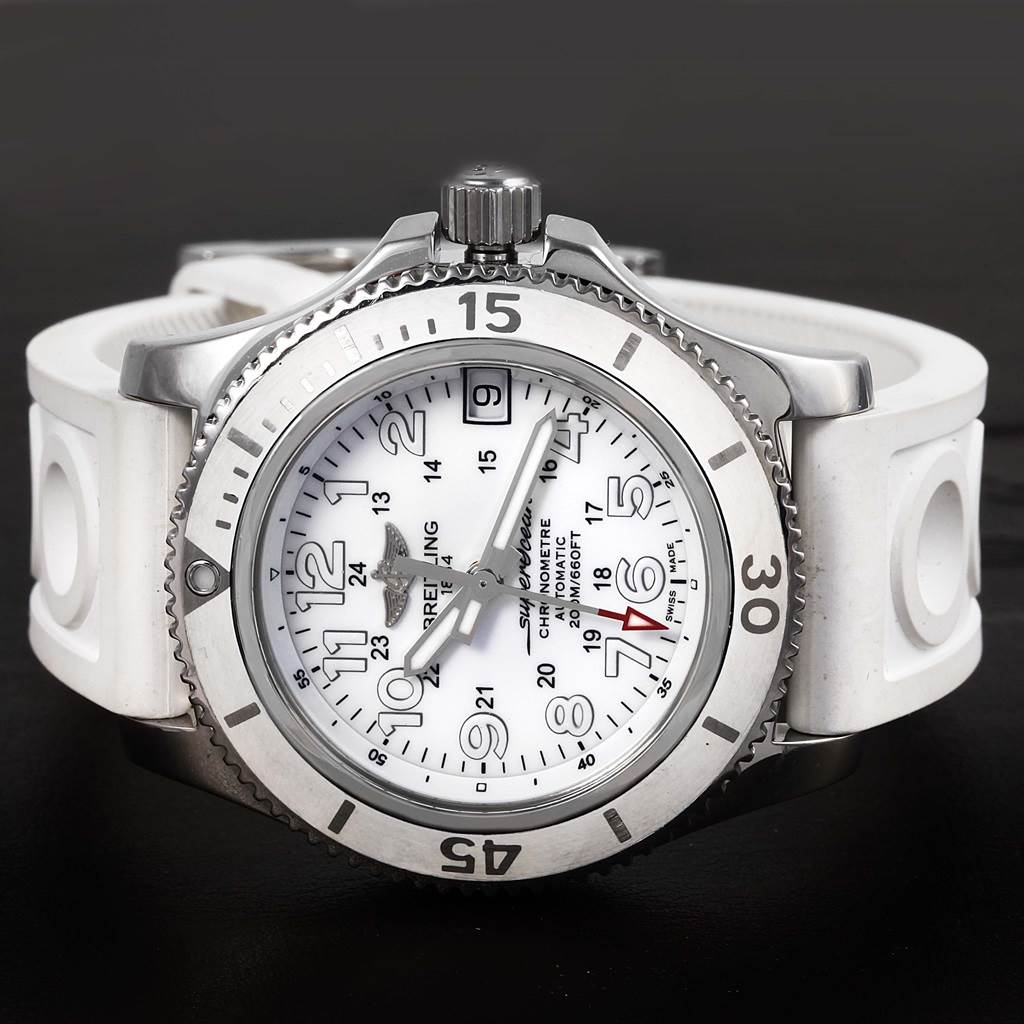 The image shows a front view of the Breitling A17312D2/A775/230S Women's Stainless Steel White Dial A17312D2/A775/230S Women's Stainless Steel White Dial Superocean II 36 White Rubber Strap Watch A17312, focusing on the dial and bezel.