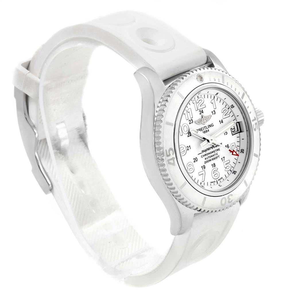 The Superocean II 36 White Rubber Strap Watch A17312 by Breitling A17312D2/A775/230S Women's Stainless Steel White Dial A17312D2/A775/230S Women's Stainless Steel White Dial is shown from a side angle, displaying the bezel, dial, and strap clearly.