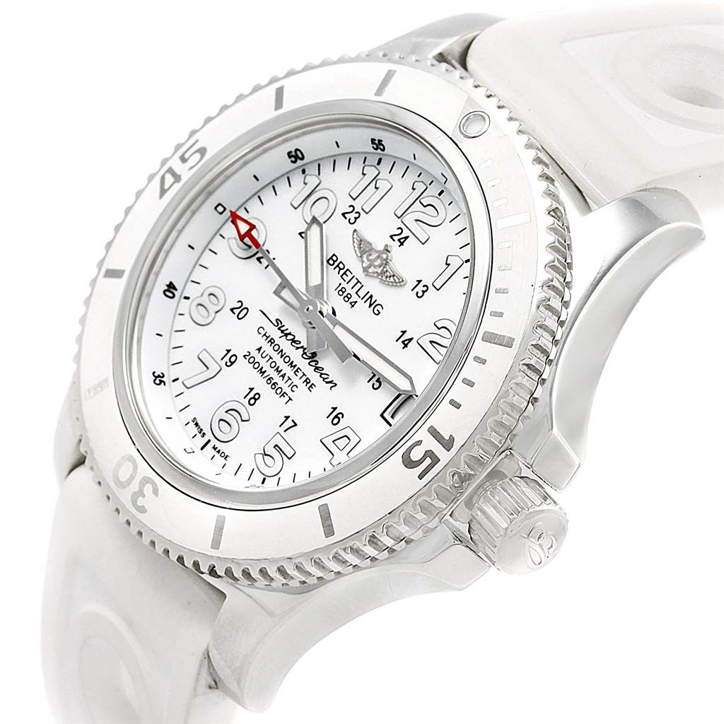 The image shows a front-angle view of the Breitling A17312D2/A775/230S Women's Stainless Steel White Dial A17312D2/A775/230S Women's Stainless Steel White Dial Superocean II 36 White Rubber Strap Watch A17312, highlighting the dial, bezel, and strap.