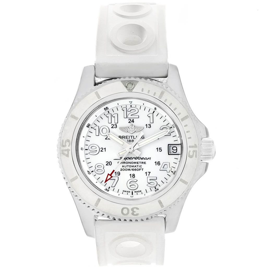 The watch is displayed from a top-down angle showing the face, bezel, and white rubber strap of the Breitling A17312D2/A775/230S Women's Stainless Steel White Dial A17312D2/A775/230S Women's Stainless Steel White Dial Superocean II 36 model A17312.