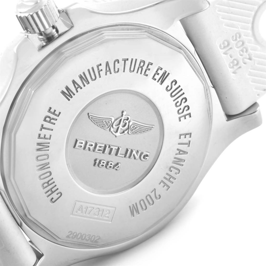 The image shows the back of a Breitling A17312D2/A775/230S Women's Stainless Steel White Dial A17312D2/A775/230S Women's Stainless Steel White Dial Superocean II 36 White Rubber Strap Watch A17312, highlighting the engravings and crown.