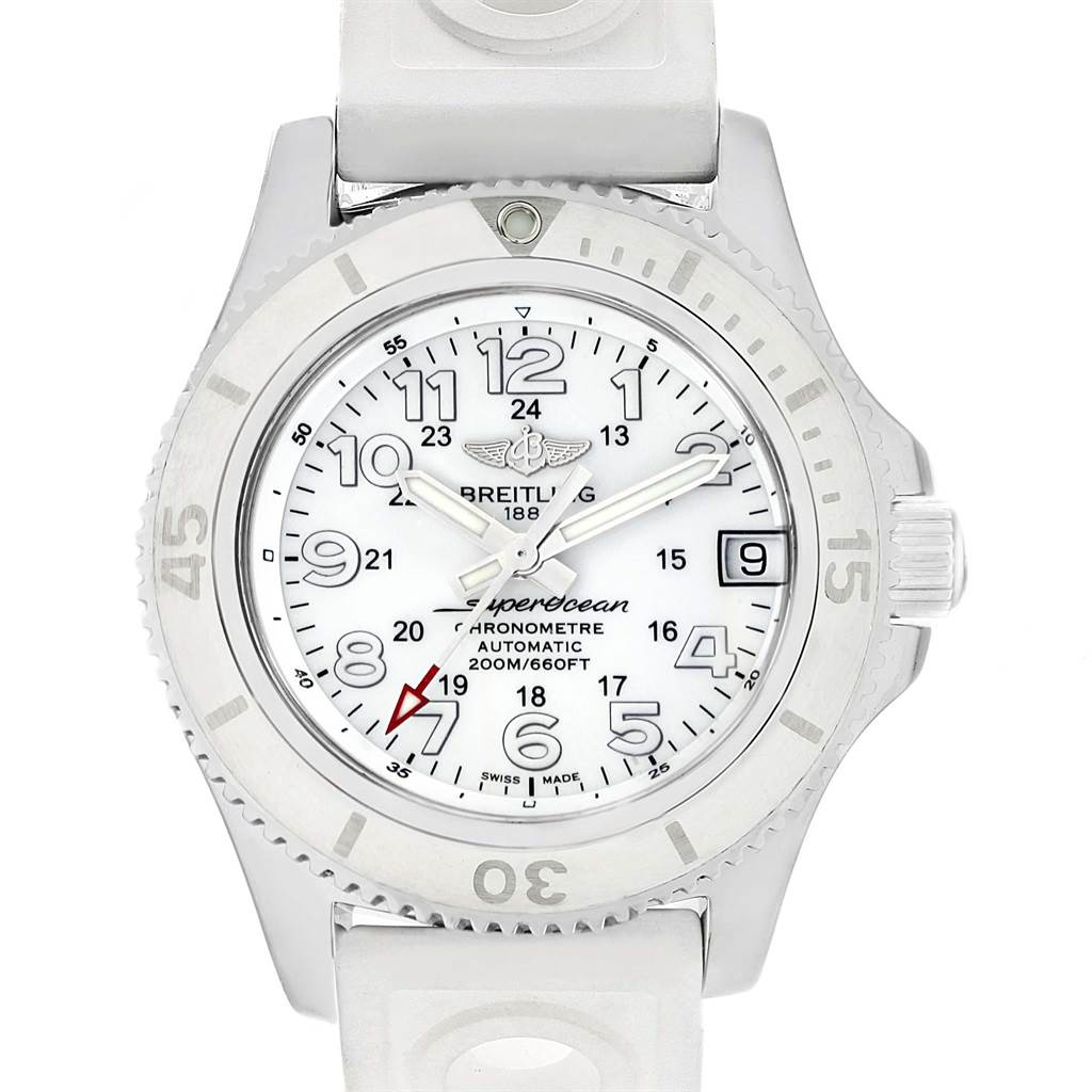 The Breitling A17312D2/A775/230S Women's Stainless Steel White Dial A17312D2/A775/230S Women's Stainless Steel White Dial Superocean II 36 A17312 watch is shown face-on, displaying the white rubber strap, bezel, and detailed dial.