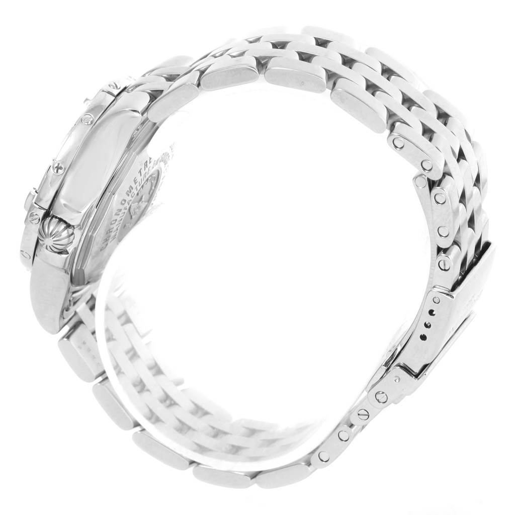 This image shows the side view and bracelet of the Breitling A71340 Women
s Stainless Steel Mother of Pearl Dial A71340 Women
s Stainless Steel Mother of Pearl Dial Starliner Blue Mother of Pearl Diamond Watch A71340 model.