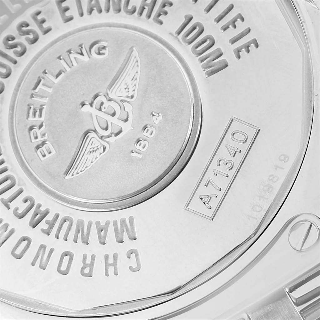 The image displays the back case of the Breitling A71340 Women
s Stainless Steel Mother of Pearl Dial A71340 Women
s Stainless Steel Mother of Pearl Dial Starliner Blue Mother of Pearl Diamond Watch model A71340.