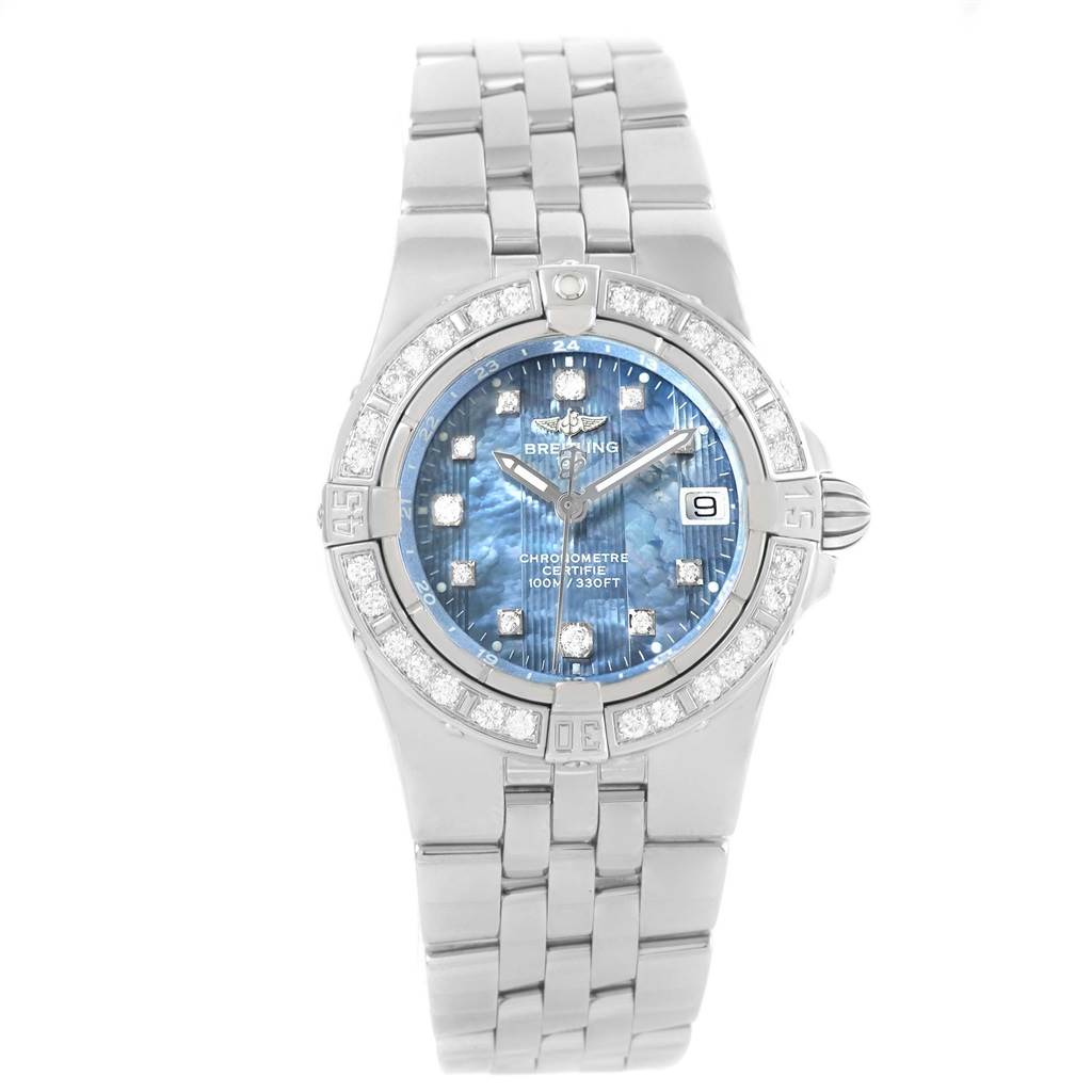 The image shows a front view of the Breitling A71340 Women
s Stainless Steel Mother of Pearl Dial A71340 Women
s Stainless Steel Mother of Pearl Dial Starliner Blue Mother of Pearl Diamond Watch A71340, displaying the face and bracelet.