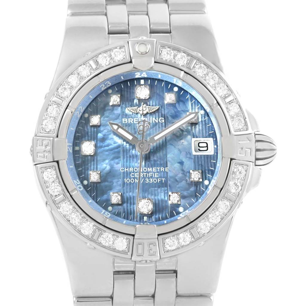 The image shows a front view of the Breitling A71340 Women
s Stainless Steel Mother of Pearl Dial A71340 Women
s Stainless Steel Mother of Pearl Dial Starliner Blue Mother of Pearl Diamond Watch A71340, highlighting its dial and bezel.