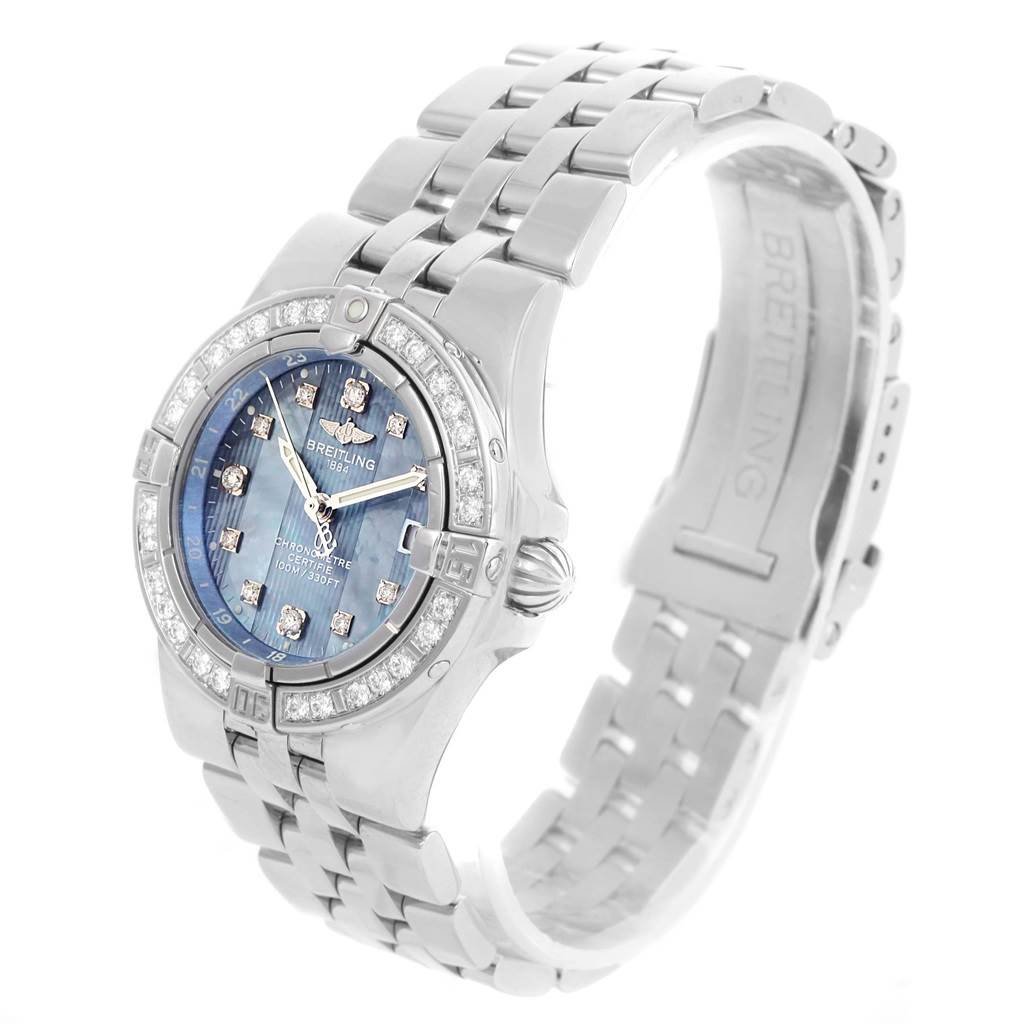 The Breitling A71340 Women
s Stainless Steel Mother of Pearl Dial A71340 Women
s Stainless Steel Mother of Pearl Dial Starliner Blue Mother of Pearl Diamond Watch A71340 is shown at an angled view, displaying its face, bezel, and bracelet. 