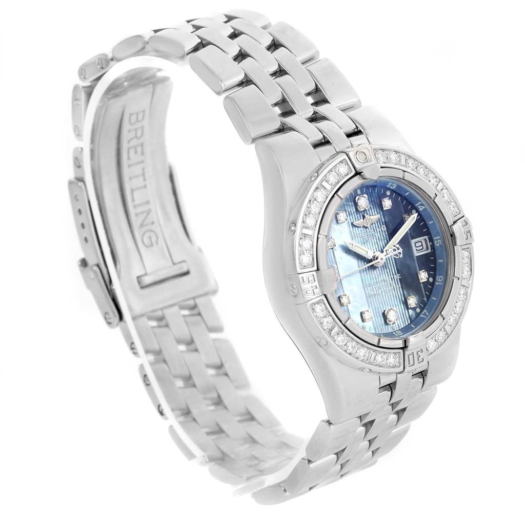 The image shows a side view of the Breitling A71340 Women
s Stainless Steel Mother of Pearl Dial A71340 Women
s Stainless Steel Mother of Pearl Dial Starliner Blue Mother of Pearl Diamond Watch A71340, highlighting the watch face, band, and clasp.