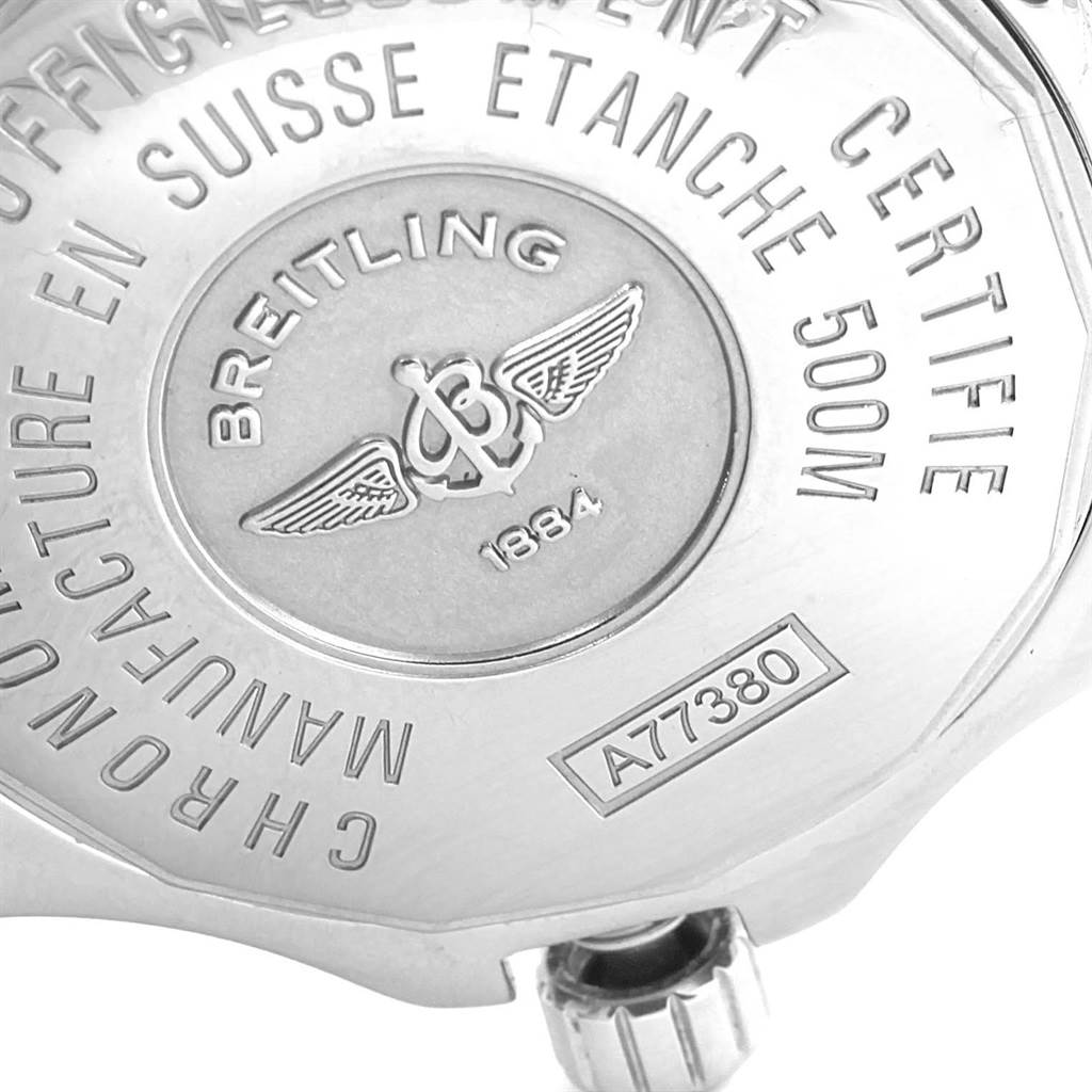 This image shows the back case and model number of the Breitling A77380 Women's Stainless Steel Black Dial A77380 Women's Stainless Steel Black Dial Colt Oceane Stainless Steel Diamond Ladies Watch A77380.