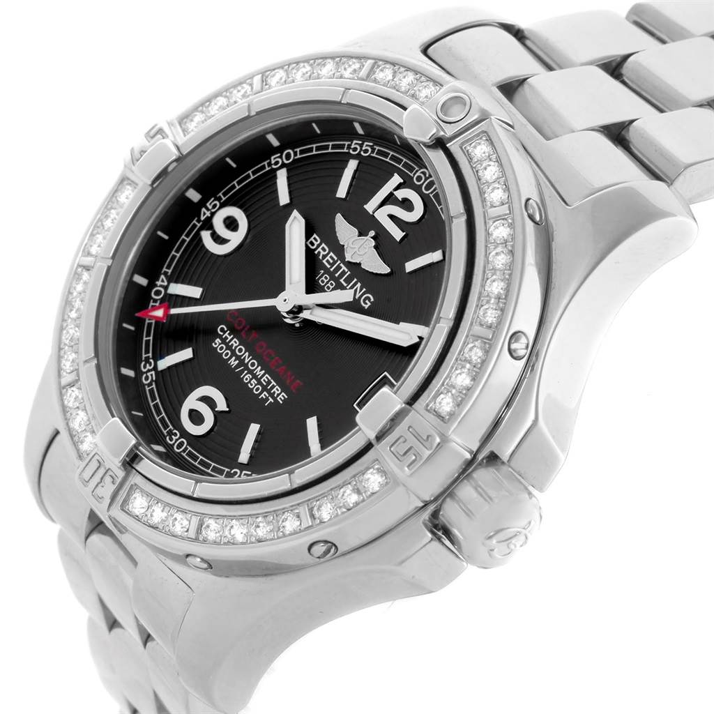 This image shows a Breitling A77380 Women's Stainless Steel Black Dial A77380 Women's Stainless Steel Black Dial Colt Oceane Stainless Steel Diamond Ladies Watch A77380 from an oblique angle, highlighting the bezel, dial, and bracelet.