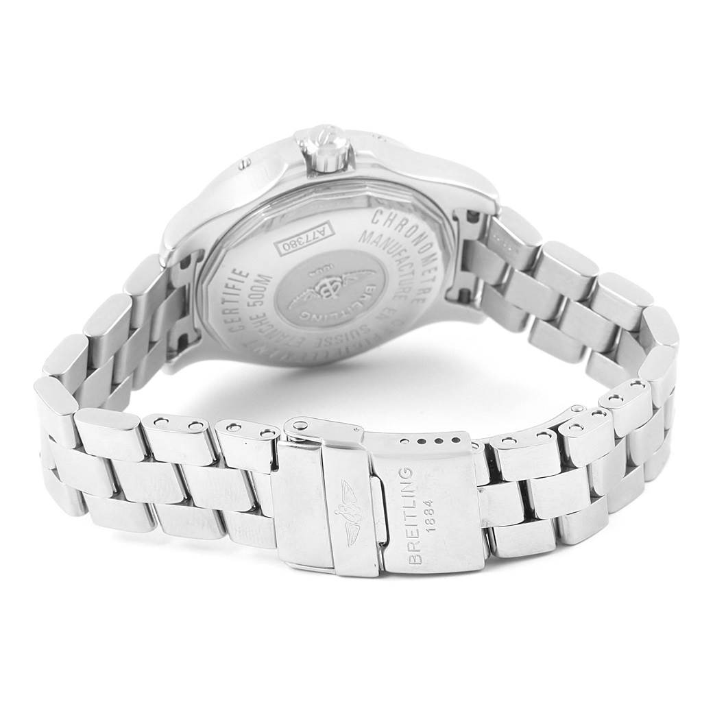 The Breitling A77380 Women's Stainless Steel Black Dial A77380 Women's Stainless Steel Black Dial Colt Oceane Stainless Steel Diamond Ladies Watch A77380 is shown from the back, highlighting the case back and bracelet clasp.