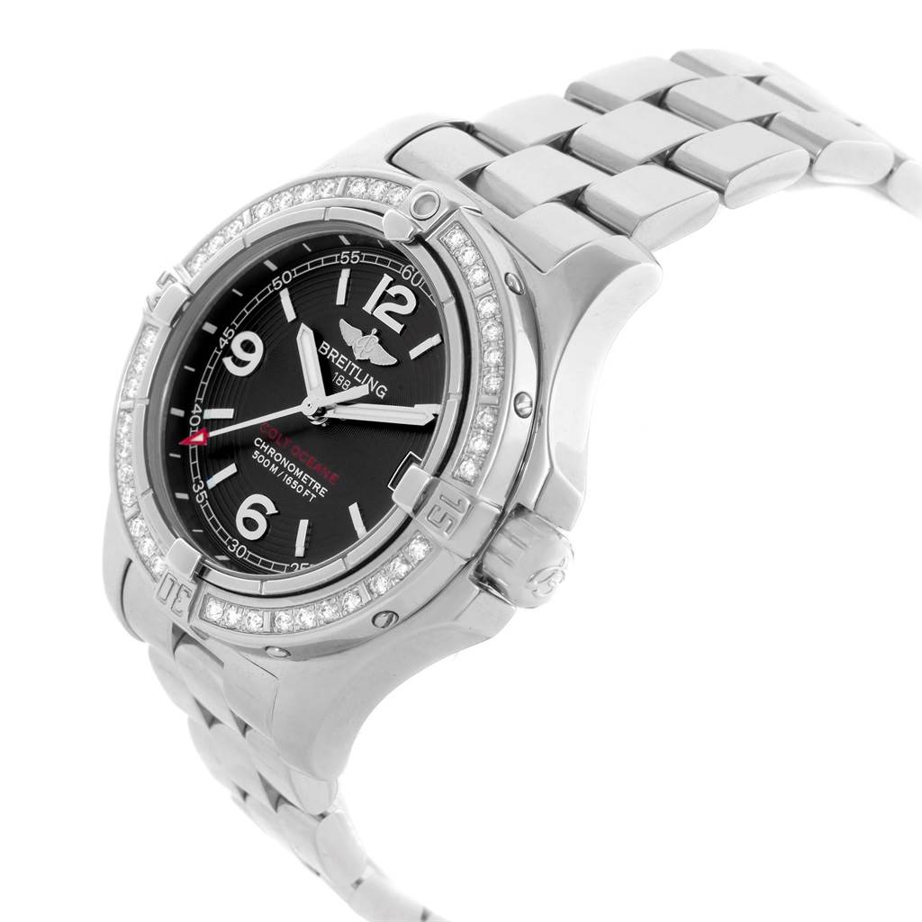 The Breitling A77380 Women's Stainless Steel Black Dial A77380 Women's Stainless Steel Black Dial Colt Oceane A77380 watch is angled to show its face, bezel, crown, and part of its stainless steel bracelet.