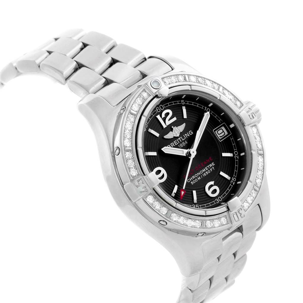 The Breitling A77380 Women's Stainless Steel Black Dial A77380 Women's Stainless Steel Black Dial Colt Oceane Stainless Steel Diamond Ladies Watch A77380 is shown from an angled perspective, highlighting its face, bezel, and part of the bracelet.