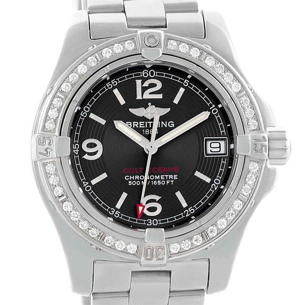 The image shows a front view of the Breitling A77380 Women's Stainless Steel Black Dial A77380 Women's Stainless Steel Black Dial Colt Oceane Stainless Steel Diamond Ladies Watch A77380.