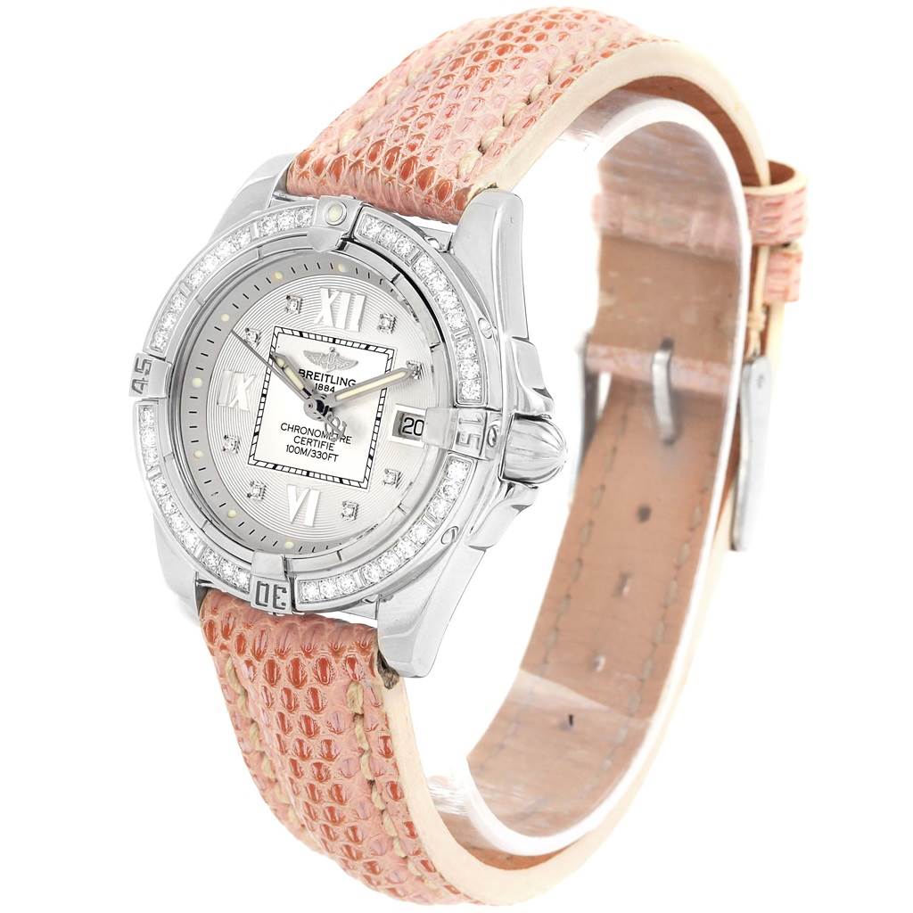 The image shows a Breitling A71356 Women's Stainless Steel Silver Dial A71356 Women's Stainless Steel Silver Dial Windrider Cockpit Silver Diamond Dial Ladies Watch A71356 at a slight angle, highlighting the face and strap.