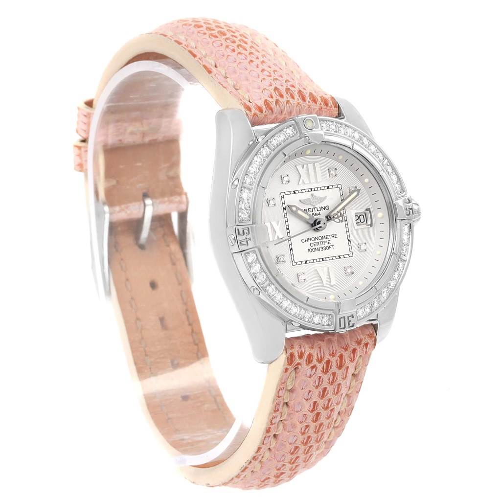 This image shows a Breitling A71356 Women's Stainless Steel Silver Dial A71356 Women's Stainless Steel Silver Dial Windrider Cockpit A71356 Ladies Watch with a silver diamond dial and a pink leather strap at a front-angle view.
