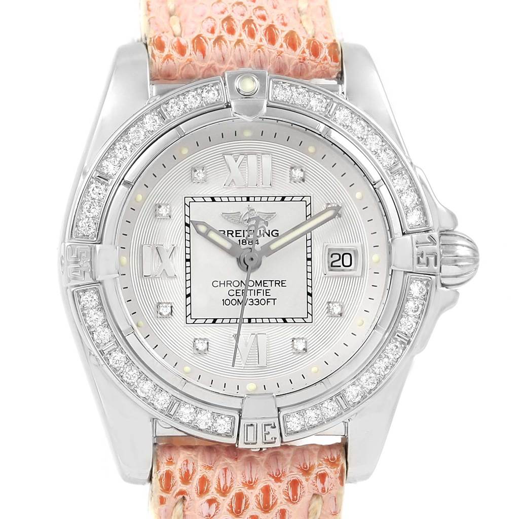 The image shows a close-up, front view of the Breitling A71356 Women's Stainless Steel Silver Dial A71356 Women's Stainless Steel Silver Dial Windrider Cockpit A71356 ladies watch, highlighting its silver diamond dial and bezel.
