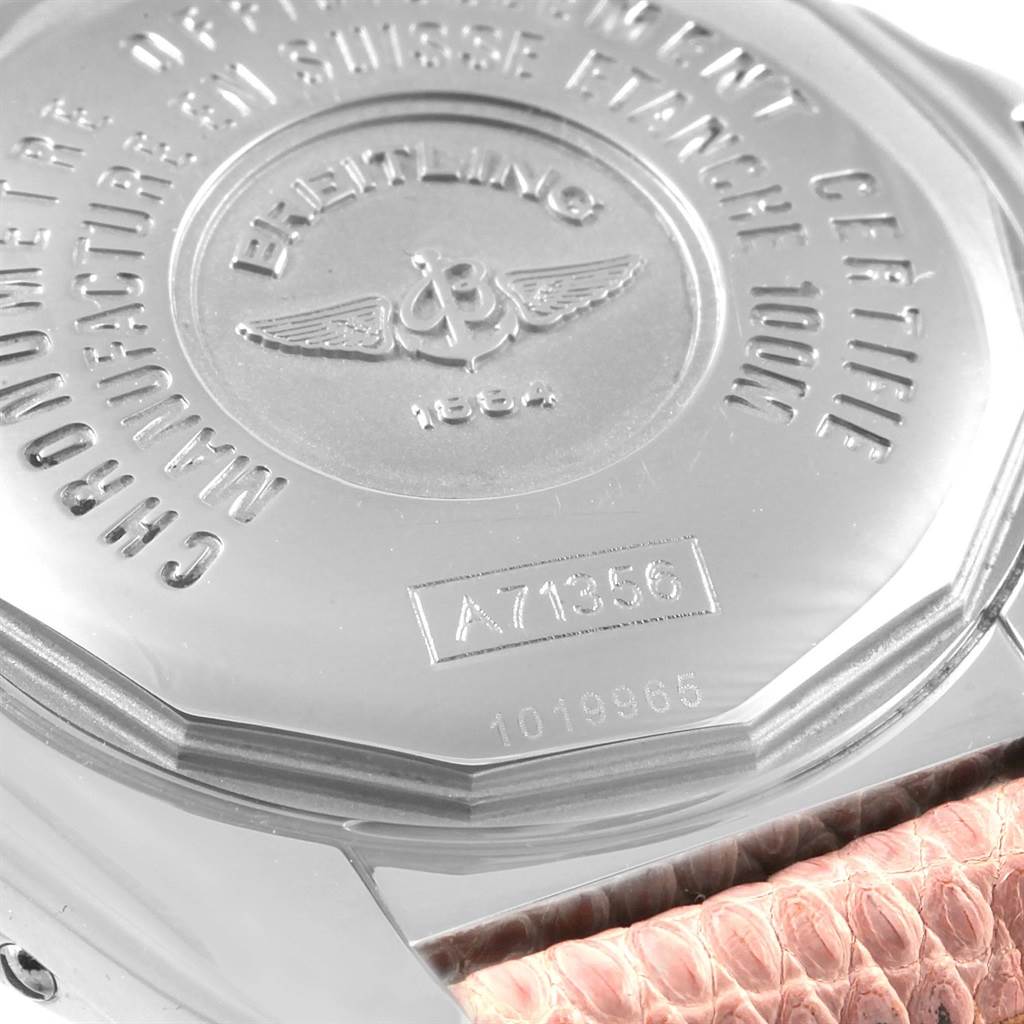The image shows the back case and part of the strap of a Breitling A71356 Women's Stainless Steel Silver Dial A71356 Women's Stainless Steel Silver Dial Windrider Cockpit A71356 Ladies Watch.