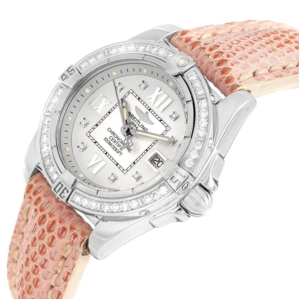 The Breitling A71356 Women's Stainless Steel Silver Dial A71356 Women's Stainless Steel Silver Dial Windrider Cockpit A71356 watch is shown from an angled view, highlighting the dial, bezel, case, and strap.