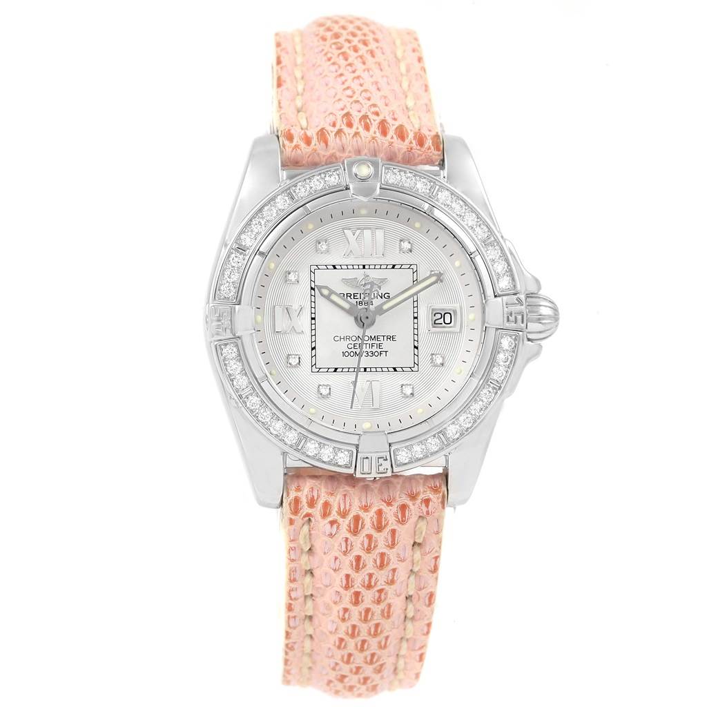 The Breitling A71356 Women's Stainless Steel Silver Dial A71356 Women's Stainless Steel Silver Dial Windrider Cockpit Silver Diamond Dial Ladies Watch A71356 is shown from a front angle, highlighting its face and bracelet.
