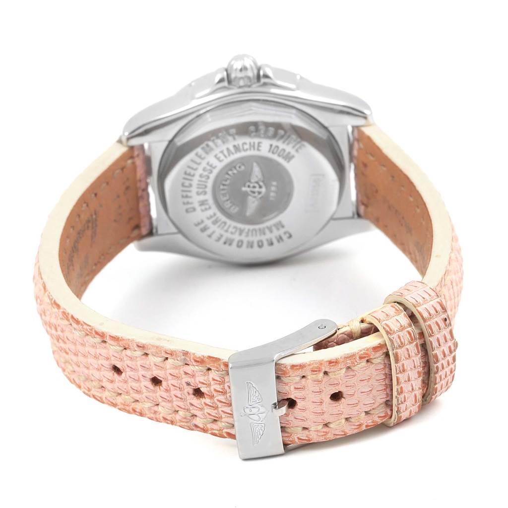 The image shows the back and strap of a Breitling A71356 Women's Stainless Steel Silver Dial A71356 Women's Stainless Steel Silver Dial Windrider Cockpit Silver Diamond Dial Ladies Watch A71356 model, highlighting the clasp and case back.