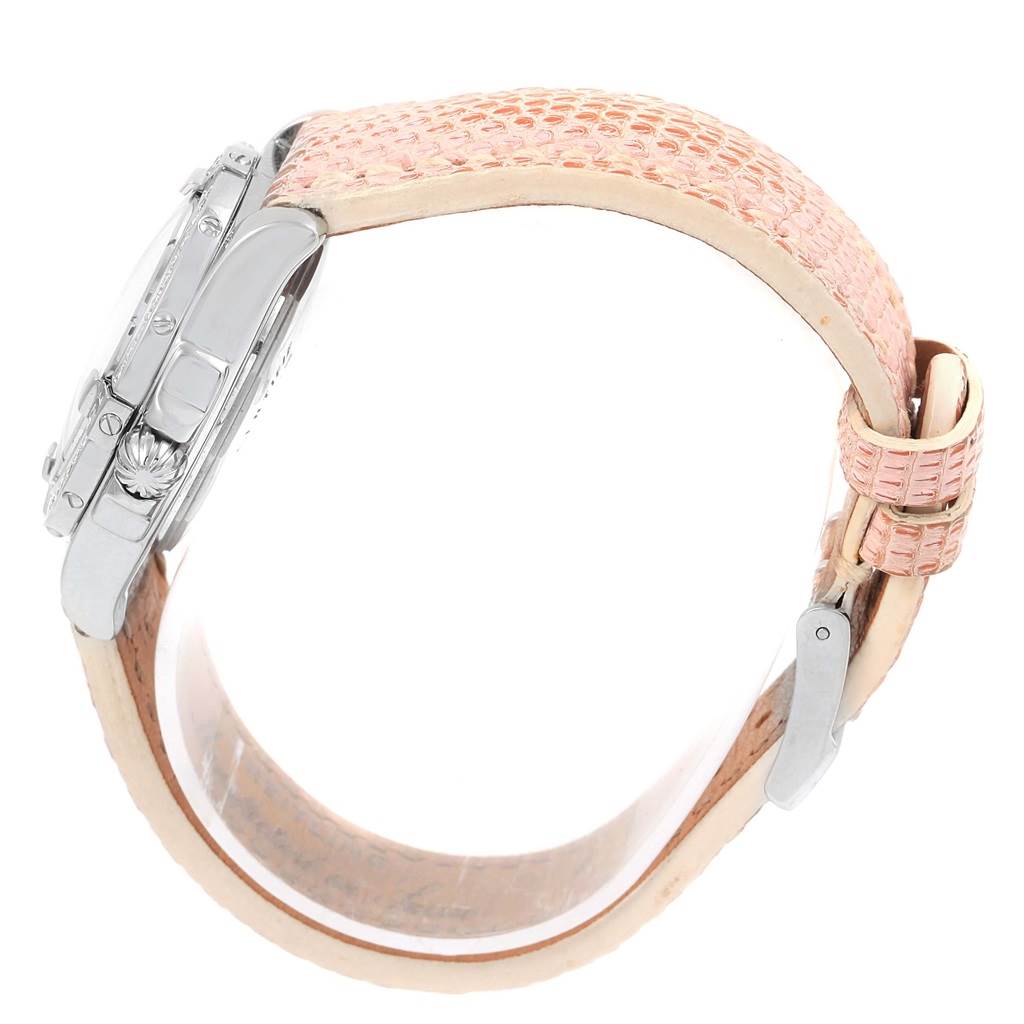 The image shows a side view of the Breitling A71356 Women's Stainless Steel Silver Dial A71356 Women's Stainless Steel Silver Dial Windrider Cockpit Silver Diamond Dial Ladies Watch A71356, highlighting the pink strap and case.