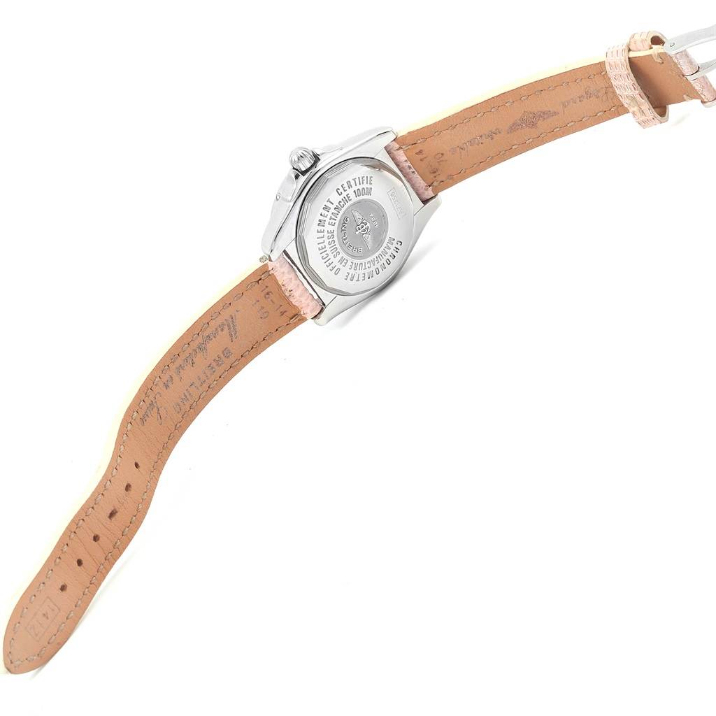 The image shows the back case and strap of a Breitling A71356 Women's Stainless Steel Silver Dial A71356 Women's Stainless Steel Silver Dial Windrider Cockpit Silver Diamond Dial Ladies Watch A71356.