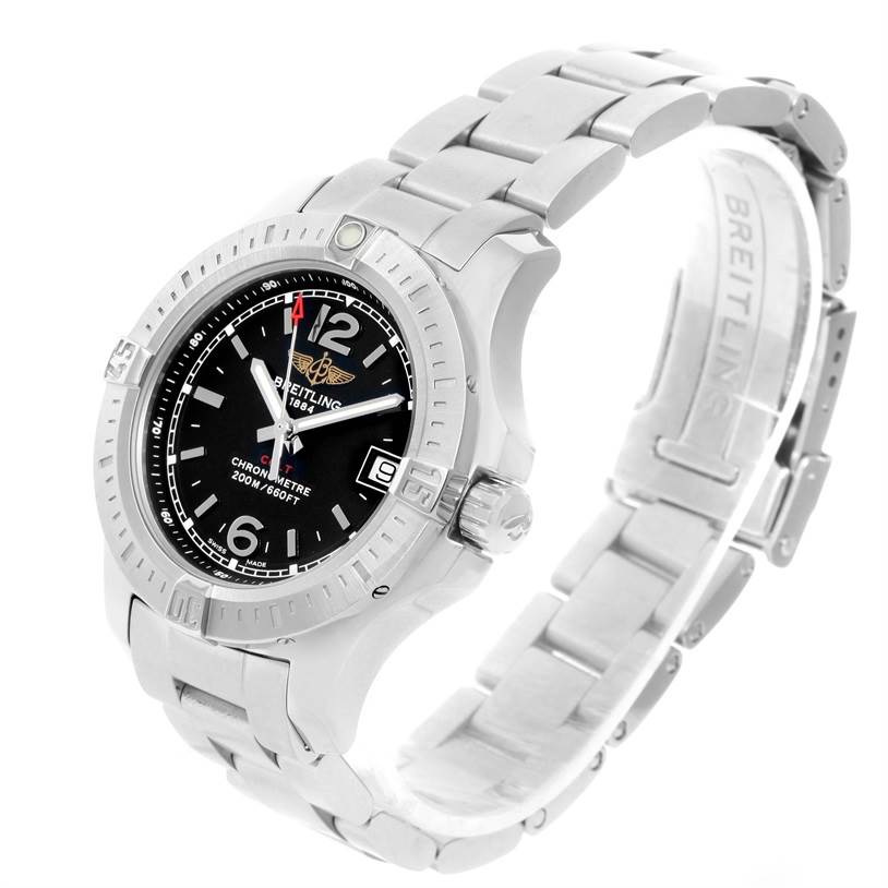 The image shows a side view of the Breitling A77388 Women's Stainless Steel Black Dial A77388 Women's Stainless Steel Black Dial Colt Lady Black Dial Steel Women's Watch A77388, highlighting the face and bracelet.