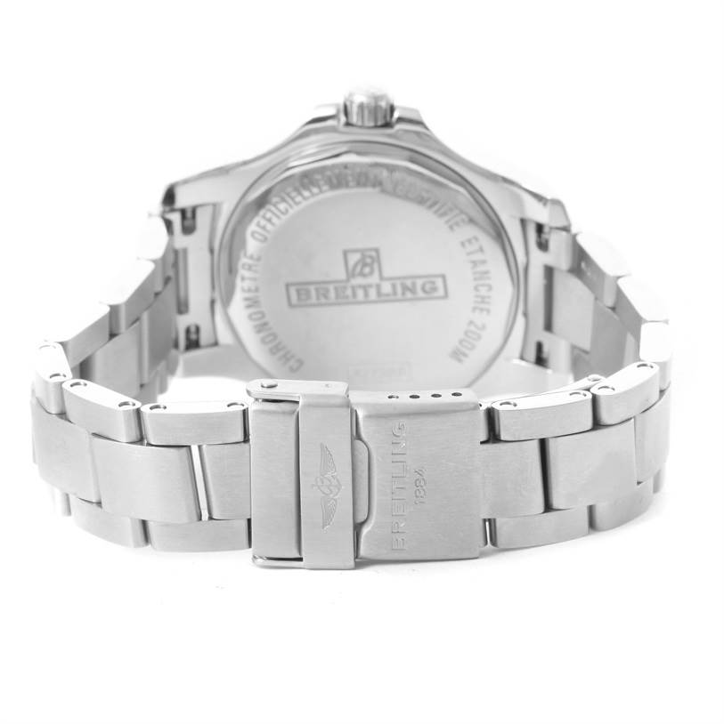 This image shows the back and clasp of a Breitling A77388 Women's Stainless Steel Black Dial A77388 Women's Stainless Steel Black Dial Colt Lady Black Dial Steel Women's Watch A77388 Unworn model.