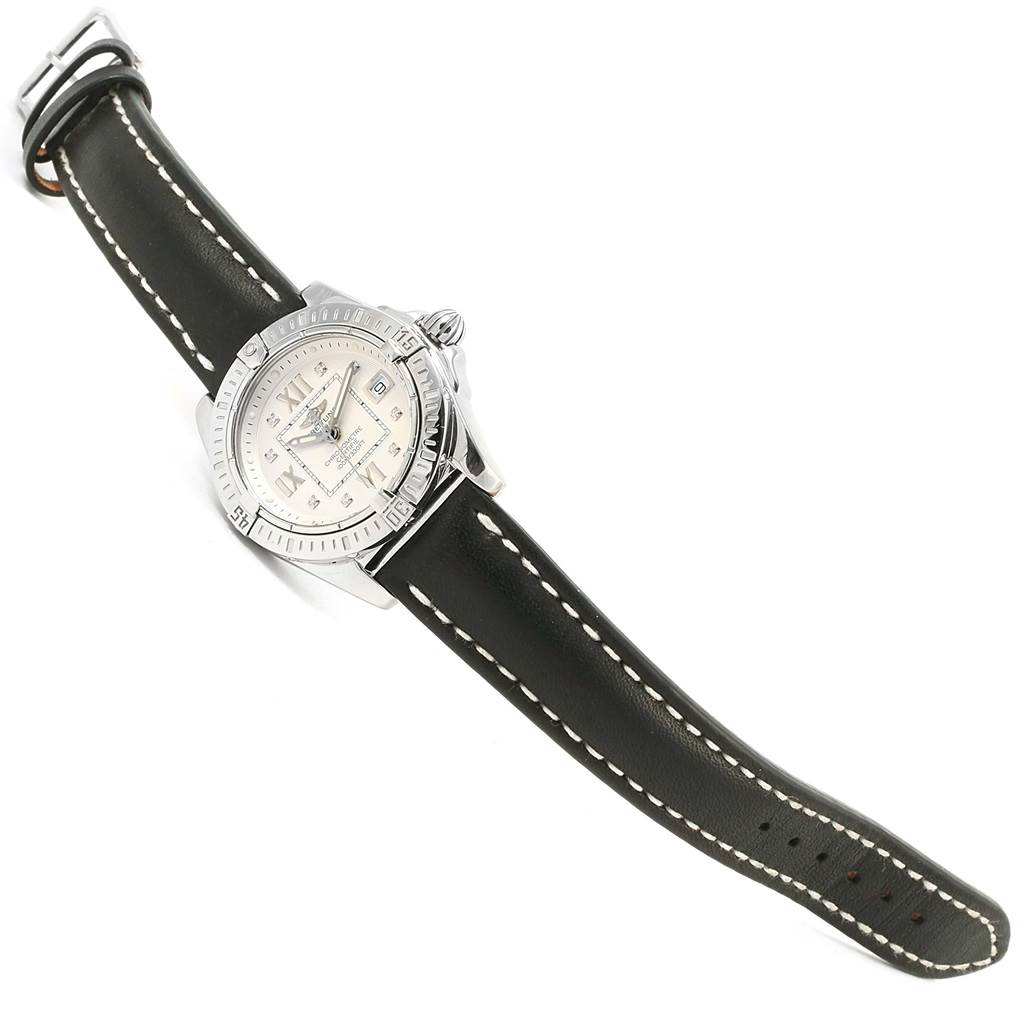 The Breitling A71356 Women's Stainless Steel Silver Dial A71356 Women's Stainless Steel Silver Dial Windrider Cockpit Diamond Dial Ladies Watch A71356 is shown at a slight angle highlighting the face, bezel, and black leather strap.