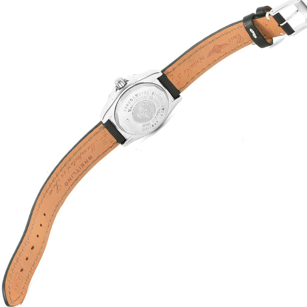 The image shows the back view of a Breitling A71356 Women's Stainless Steel Silver Dial A71356 Women's Stainless Steel Silver Dial Windrider Cockpit Diamond Dial Ladies Watch A71356, highlighting the case back and leather strap.